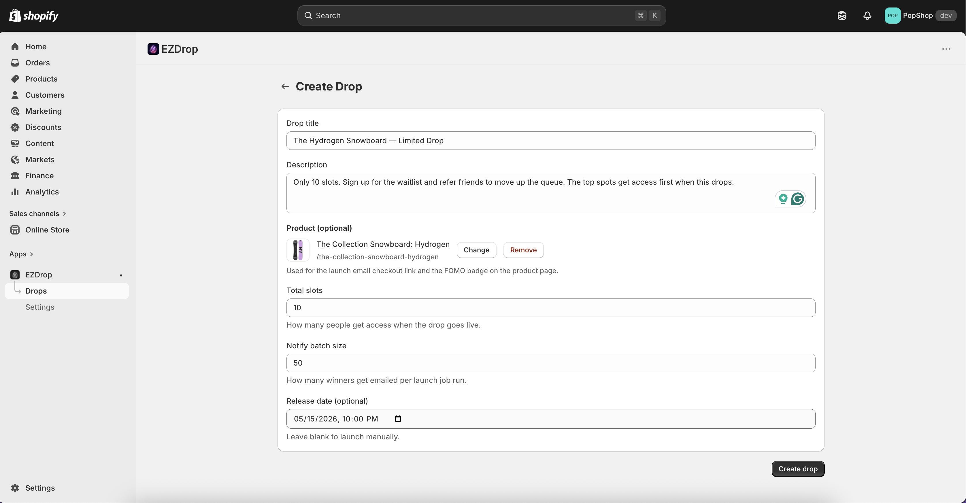 EZDrop create drop form with product picker, slot count, and release date