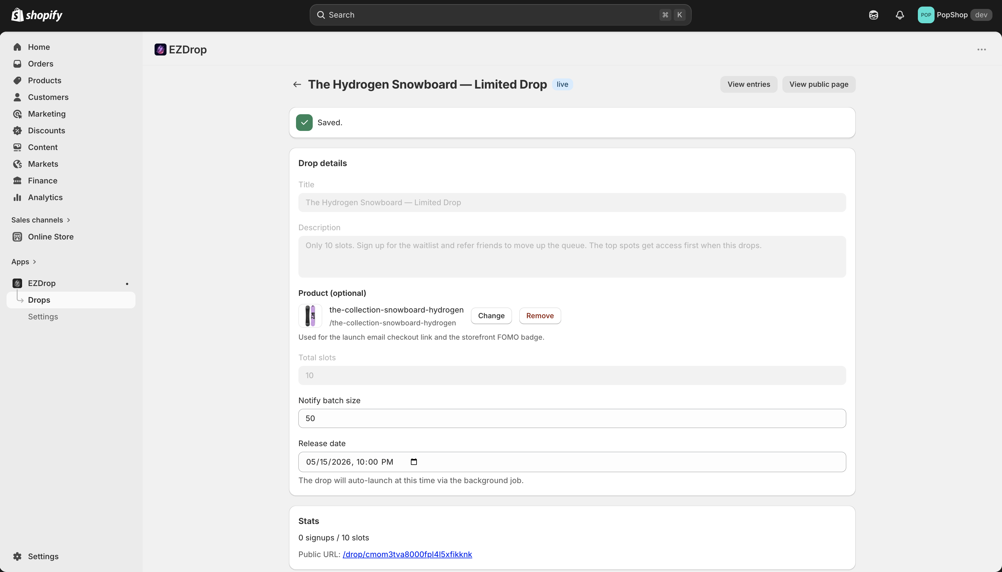 EZDrop admin dashboard showing active drop with live entry count and status controls