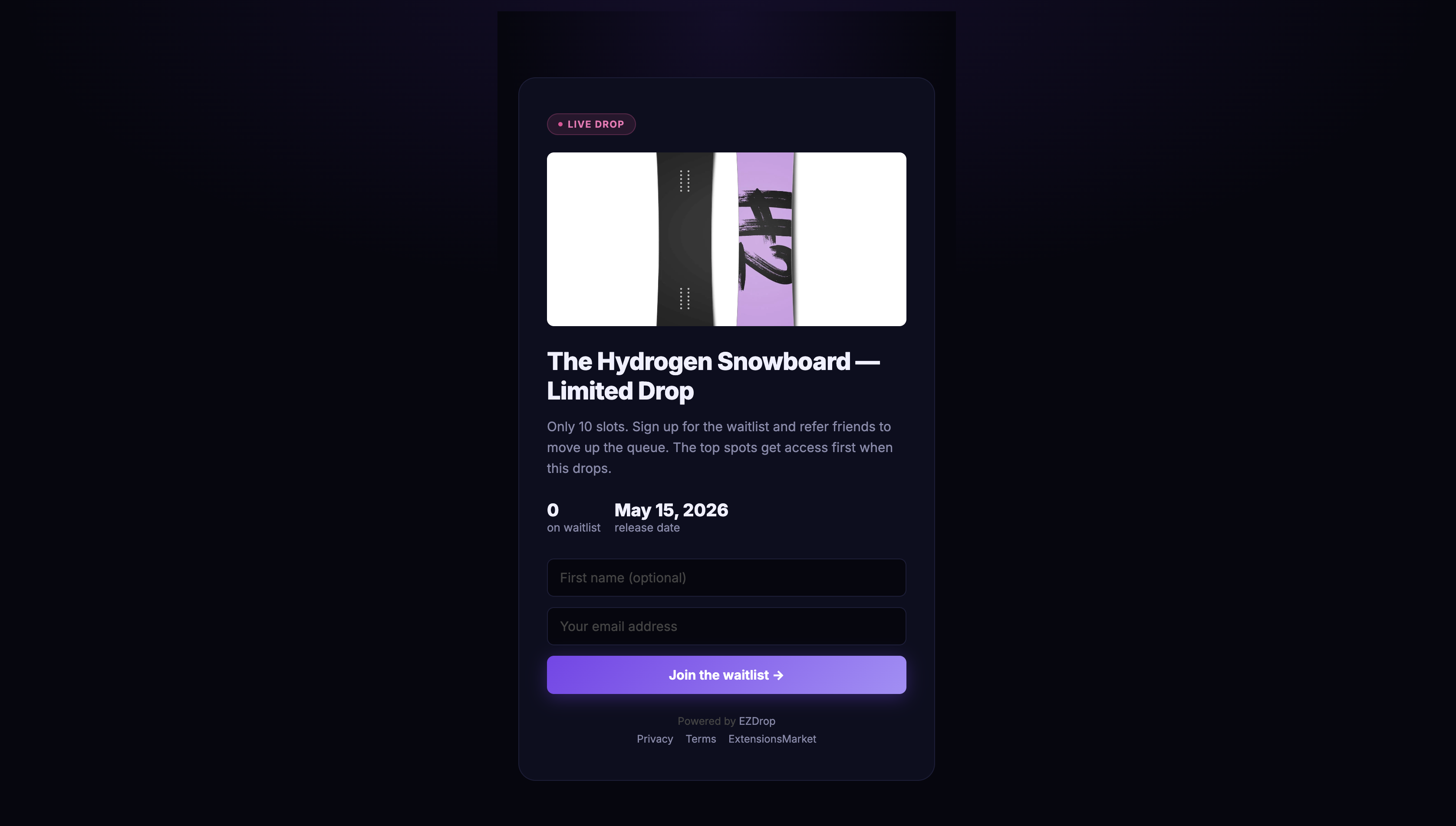 EZDrop public waitlist signup page with live counter, countdown timer, and referral link
