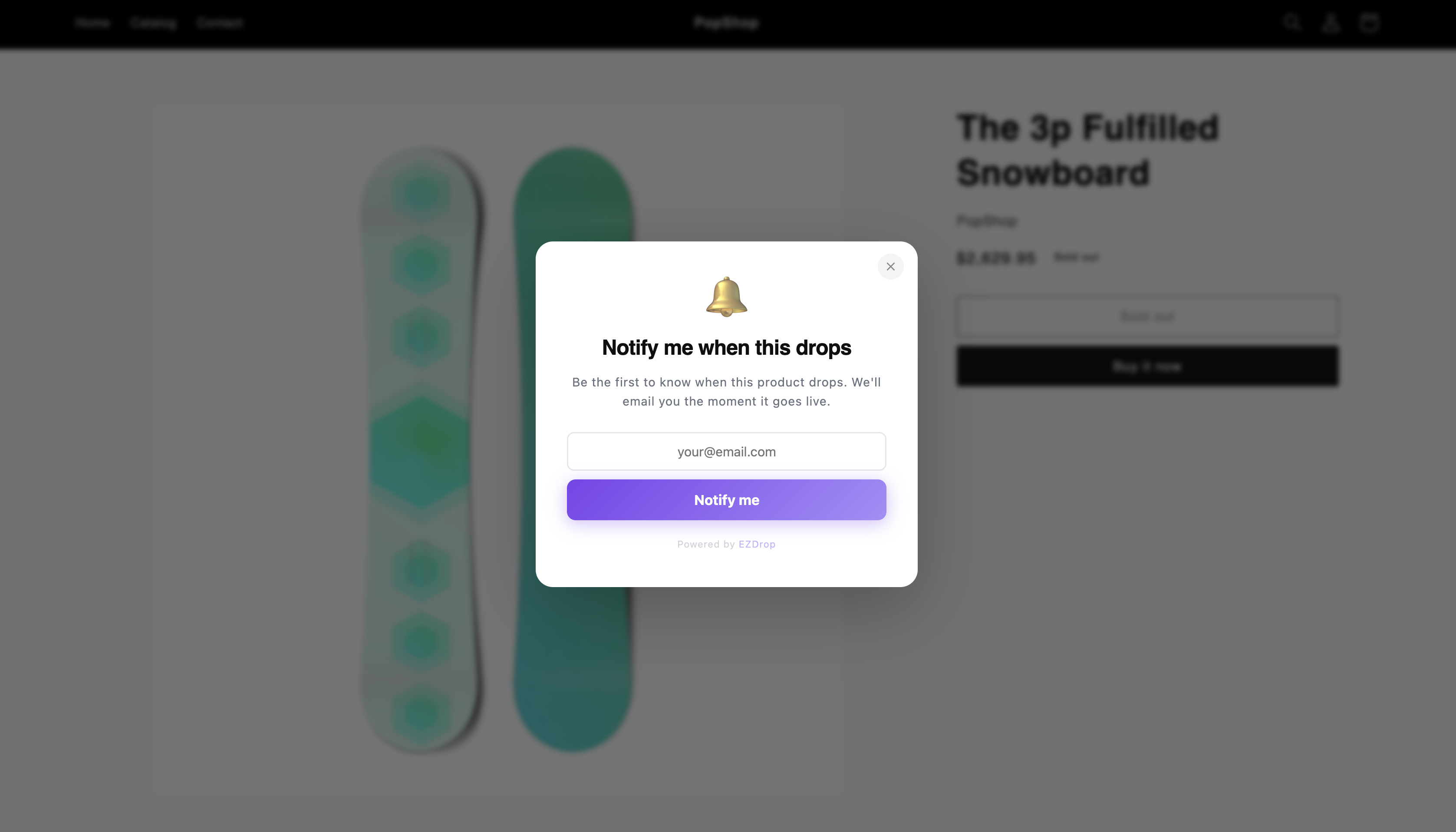 EZDrop storefront popup capturing pre-drop interest on a Shopify product page
